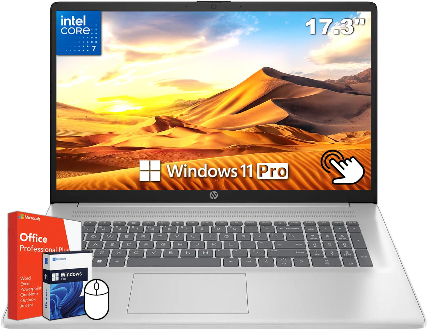 Hp 17 Inch Laptop, 17.3 Hd+ Touchscreen Display, Microsoft Office Lifetime License & Windows 11 Pro, Core 7-150U Processor, 64 G