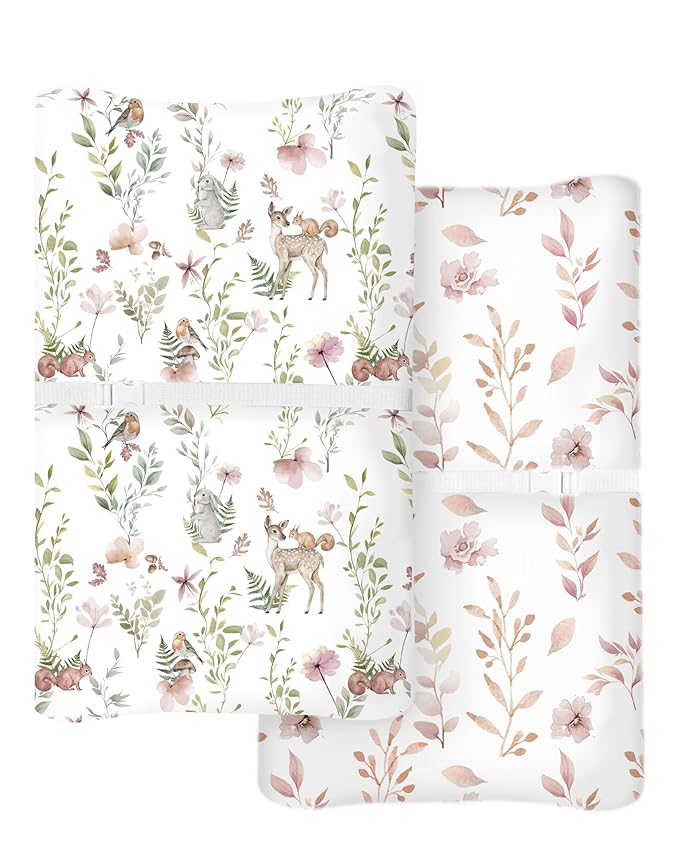 Changing Pad Cover for Baby Boys Girls 2 Pack, Fits Standard 32”×16” Changing Table Pads, Silky Breathable Stretch Knit, Machine Washable (Floral Fawn)