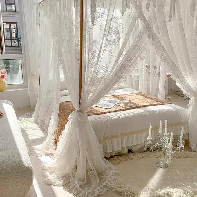 Elegant Lace Princess 4 Corner Post Mosquito Net Romantic for Girls Women Bed Curtain Canopy for Adult Wedding Bedroom Kids Rooms Decoration (Color-A, California King)