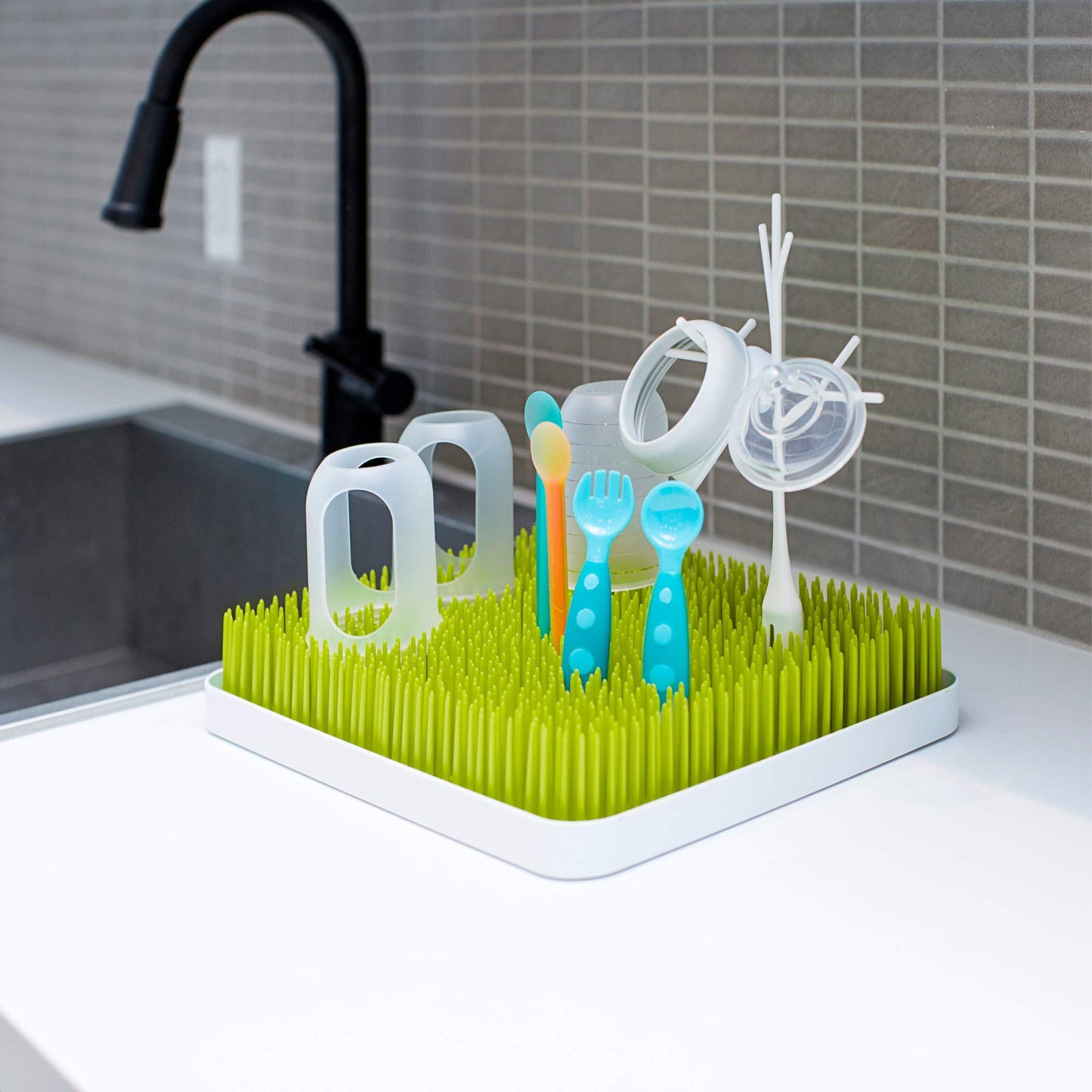Boon Lawn Countertop Baby Bottle Drying Rack with Antimicrobial Tray - Spring Green - Bottle Rack and Organizer - Baby Feeding Essentials - 13.5 x 11 x 2.5 - 1 Count