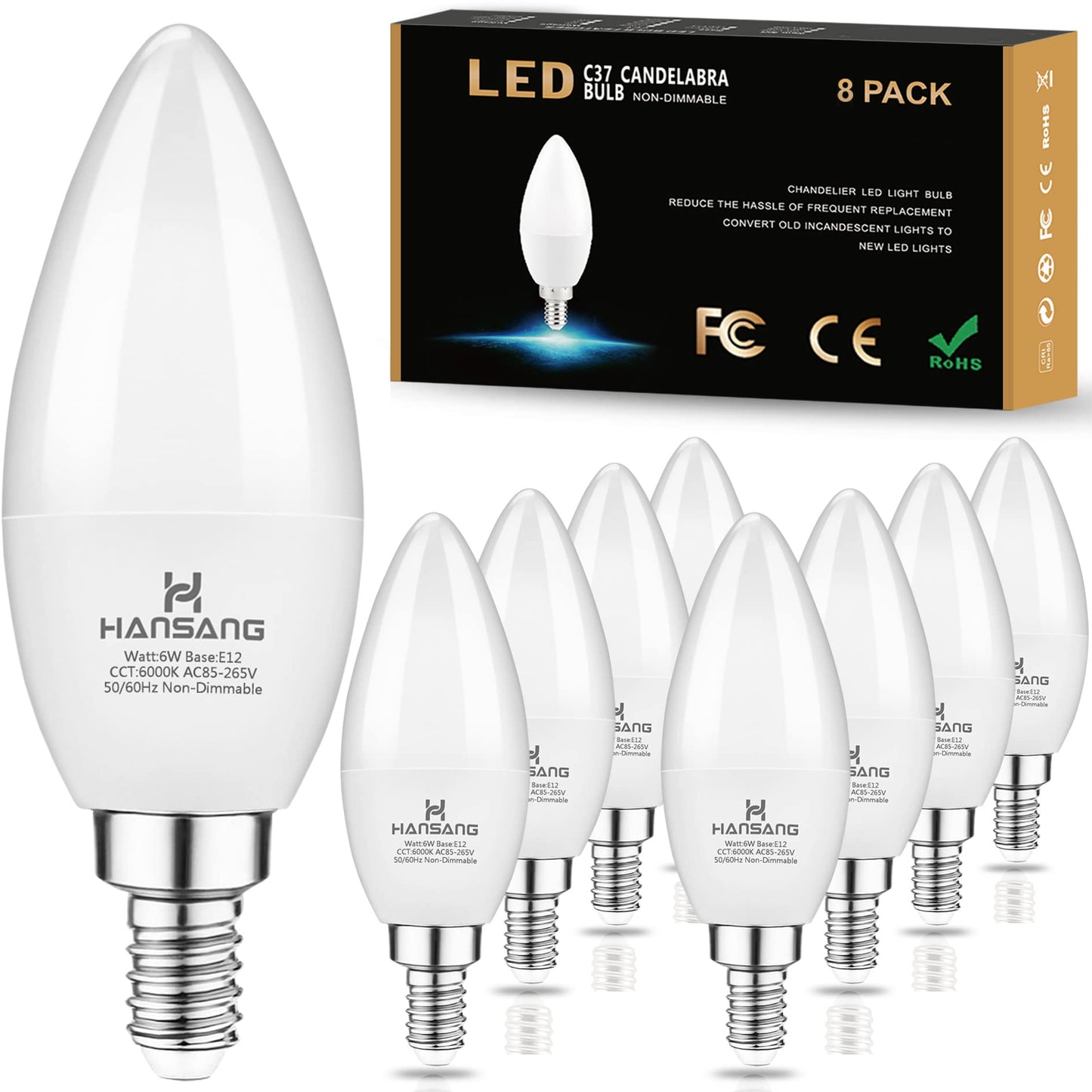Hansang 8-Pack E12 Candelabra Led Light Bulbs, 6000K Cool Daylight, 6W Equivalent, Non-Dimmable, B11 For Chandelier And Ceiling