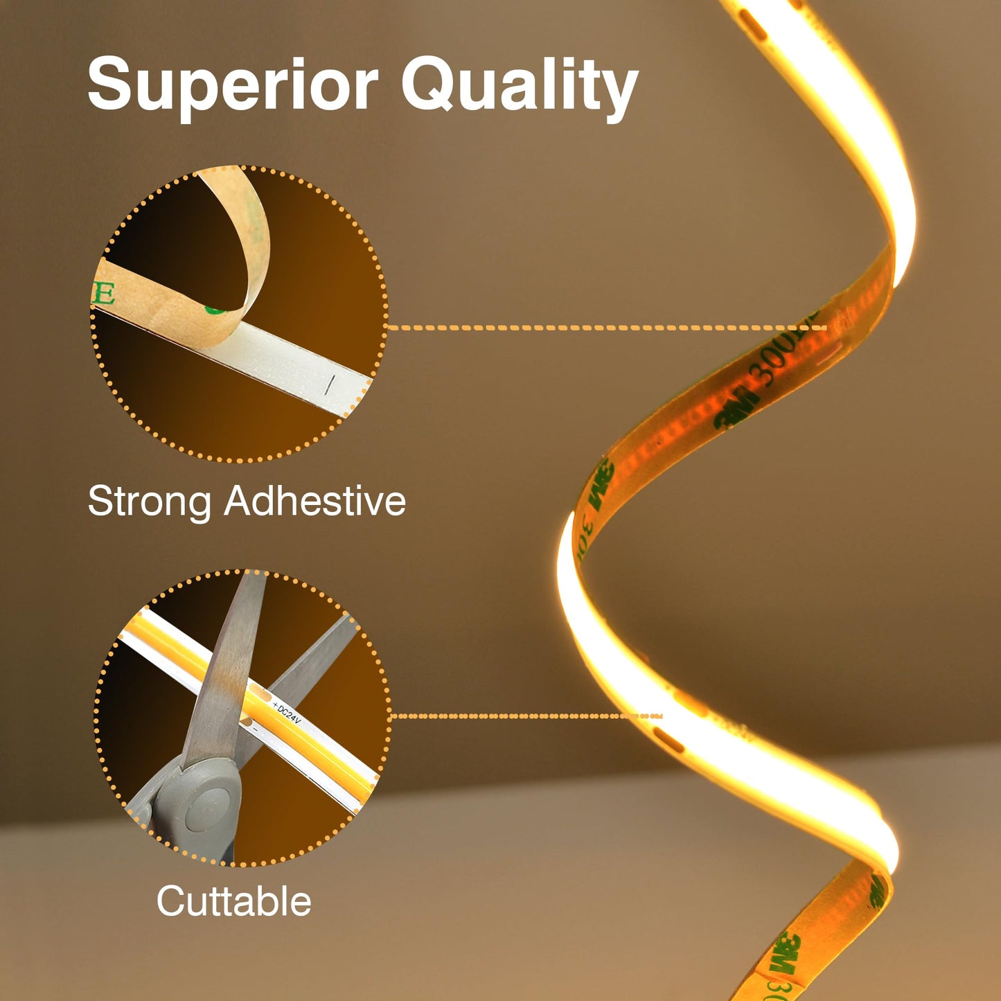 Pandery COB LED Strip Lights Warm White,24V Dimmable led Light Strip KIT with Remote and app Control,3000K 25FT/7.5m 8mm Wide Ra>90 Cuttable Flexible Strip Lights for Bedroom,Wardrobe,Cabinet