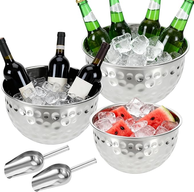 3 Pack Ice Bucket 4.6/6/7.5L Stainless Steel Beverage Tub with 2 Scoop Leak-Proof Wine Bucket Large Metal Ice Buckets for ...