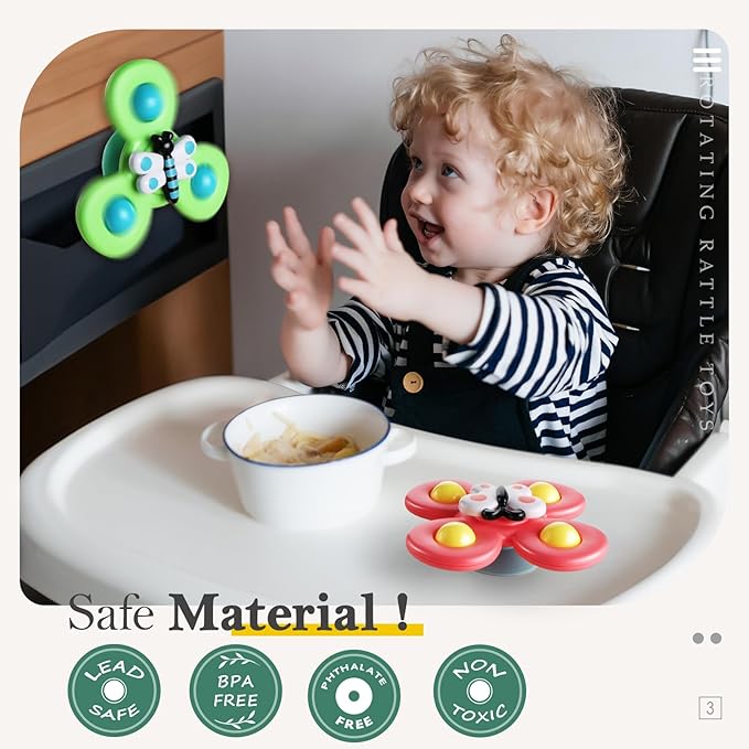ALASOU 3PCS Suction Cup Spinner Toys for 1 Year Old Boy Girl|Spinning Top Baby Toys 12 18 Months|1 2 Year Old Boy Birthday Gift|Baby Bath Toy for Kids Ages 1-3|Sensory Toy for Toddlers 1-3