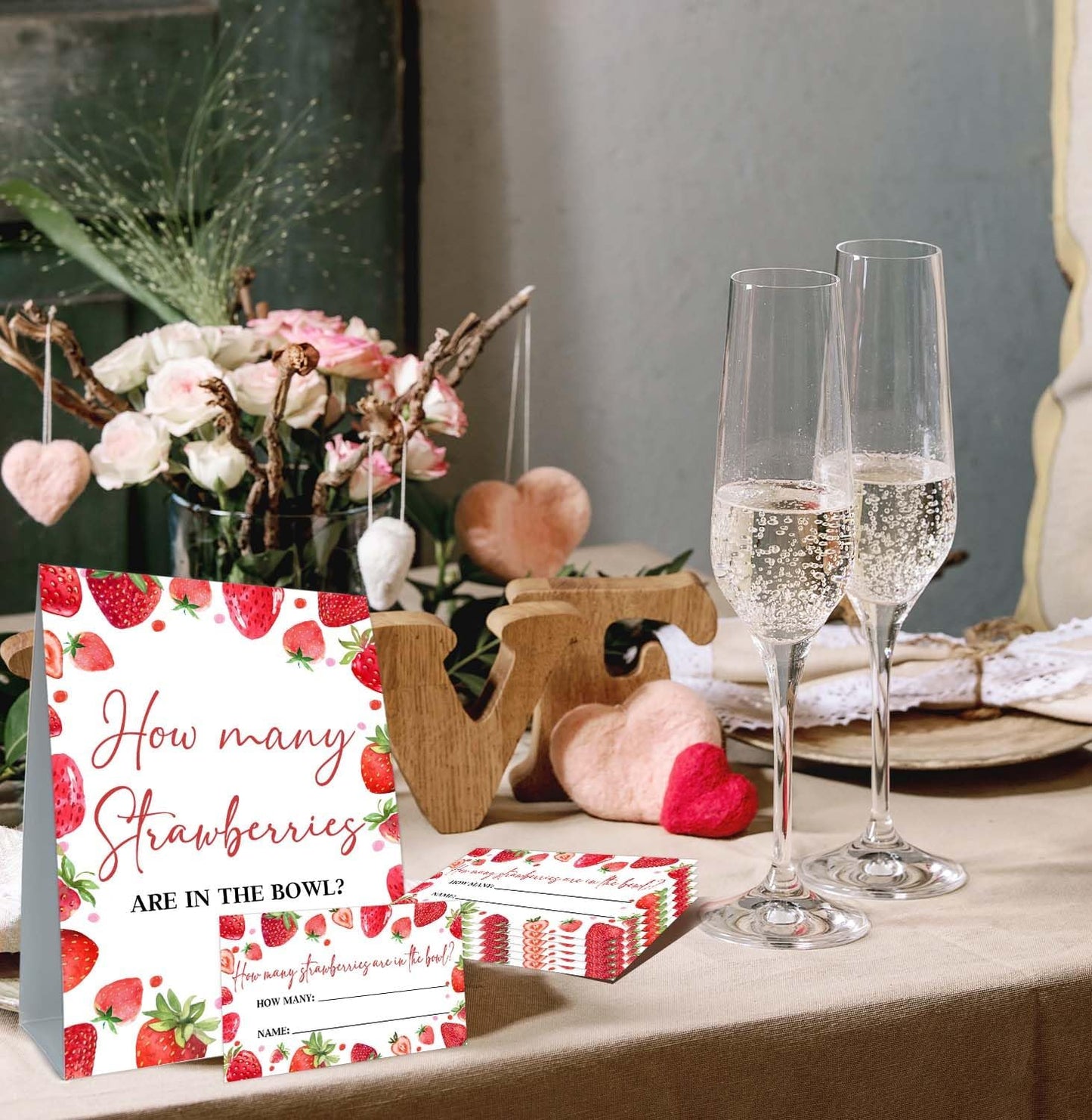 Strawberry Baby Shower Games, Strawberry Decorations for Bridal Shower, Guess How Many Strawberries Are in the Jar, Party Games & Activities 50 Cards and Sign
