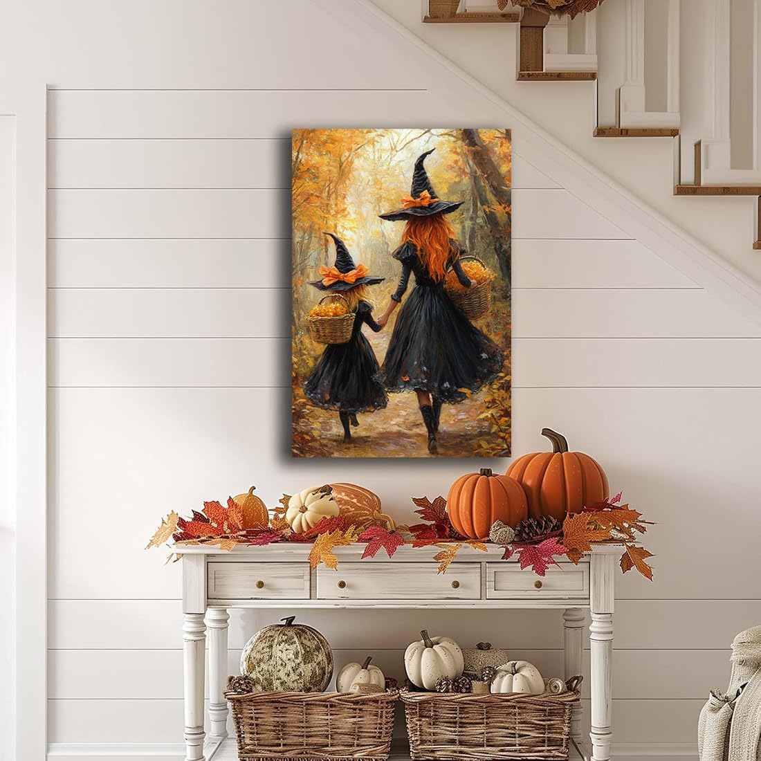 Mother Witch And Child Daughter Witch Wall Art,Halloween Autumn Woodland Forest Path Picture,Family Room Nursery Playroom Kids Room Decor,12"x18" Framed