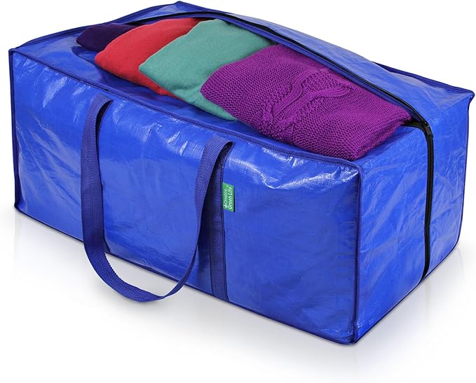 Creative Green Life Extra Large Moving Bags and Clothing Storage Bins with Strong Zipper & Carry Handles, Stackable, Heavy Duty Packing Moving Boxes for College Dorm Room Essentials (Blue, 4 Pack)