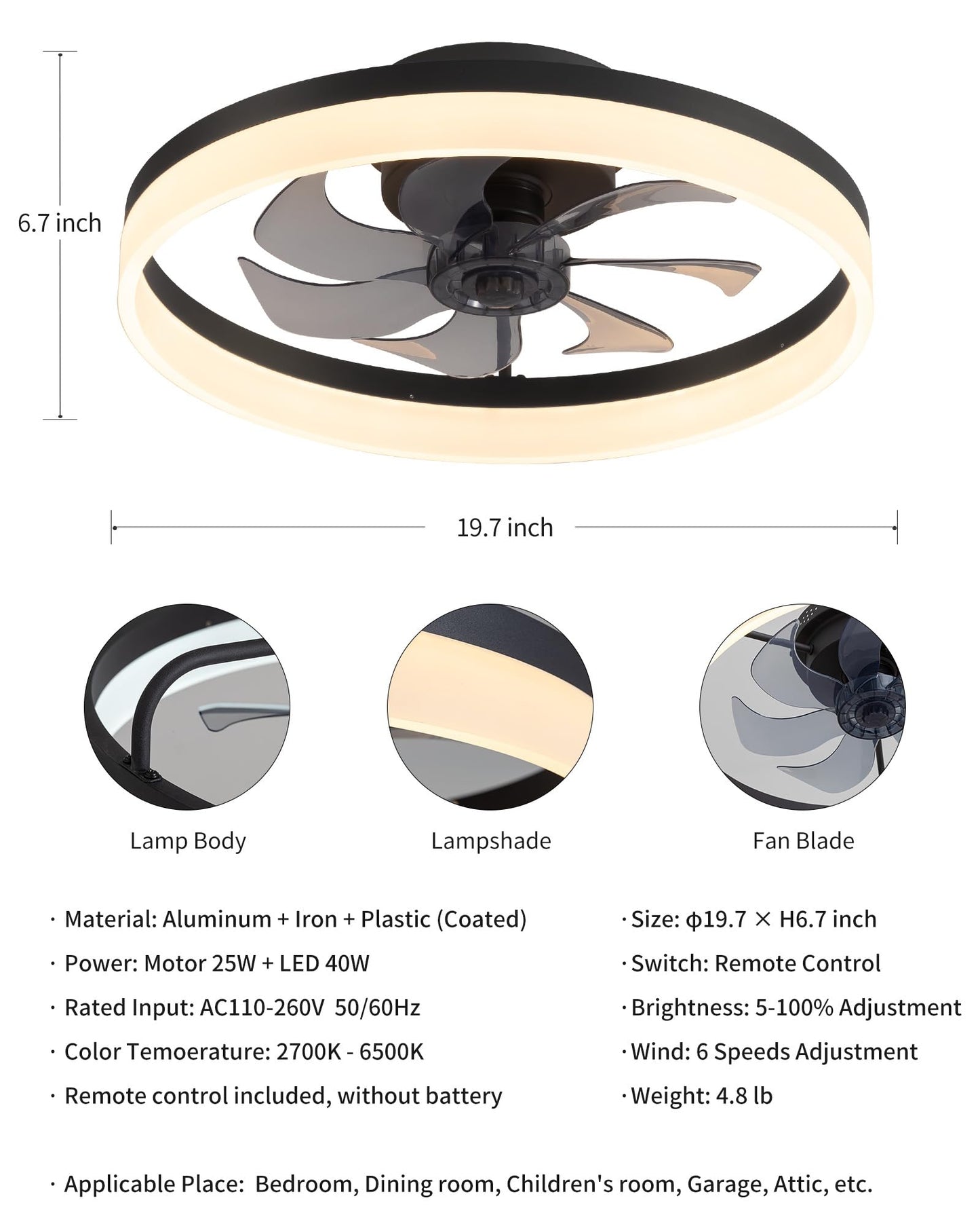 Pusu 19.7 Low Profile Led Ceiling Fans With Light  Reversible Flush Mount With Remote And 6 Winds Speeds Fan Lighting  3 Colors Dimmable For Bedroom  Living Room  Kids  Dinning Room  Kitchen (Black)