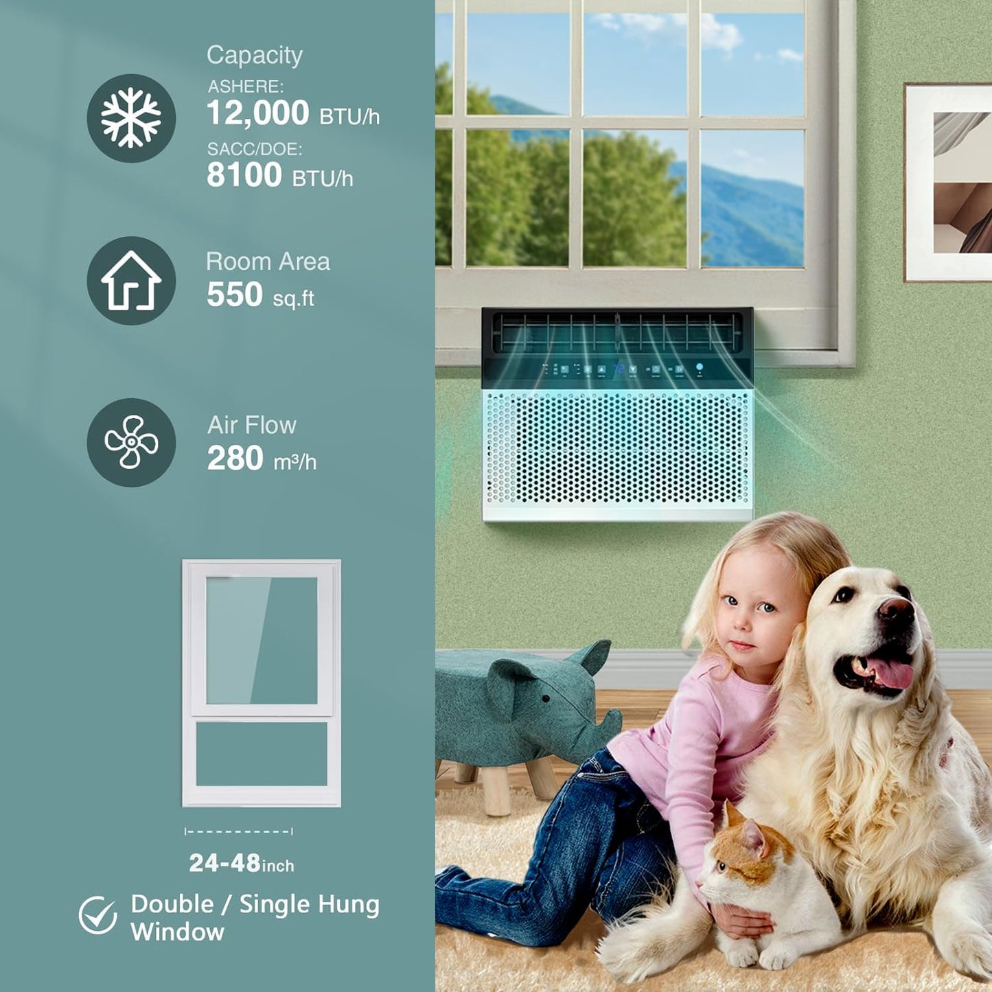 R.W.Flame U-Shaped Air Window Conditioner 12000 Btu, Full Window View, Ultra Quiet Ac Unit, Cools Up To 550 Sq. Ft. Living Room/