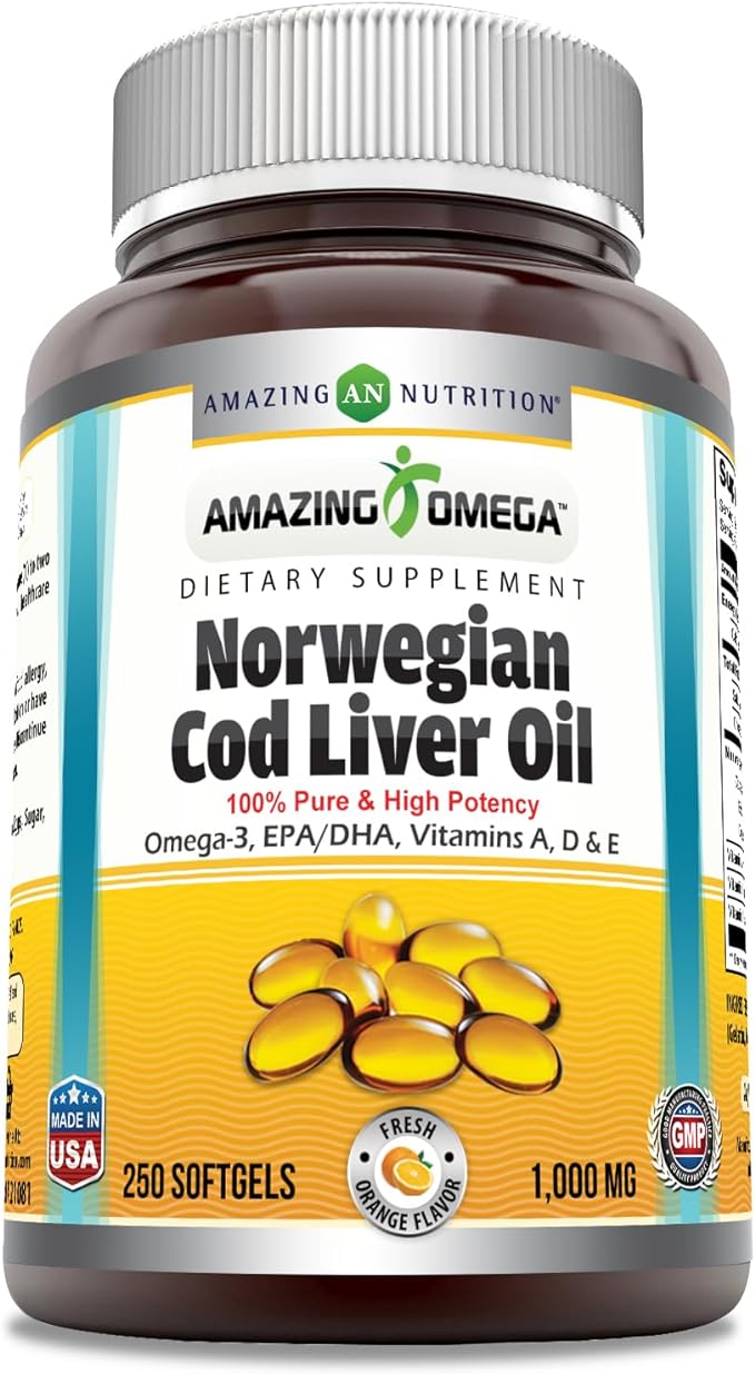Amazing Omega Norwegian Cod Liver Oil 1000 Mg Softgels Supplement | Omega-3, EPA, DHA, Vitamin A, Vitamin D & Vitamin E (Orange | 250 Count)