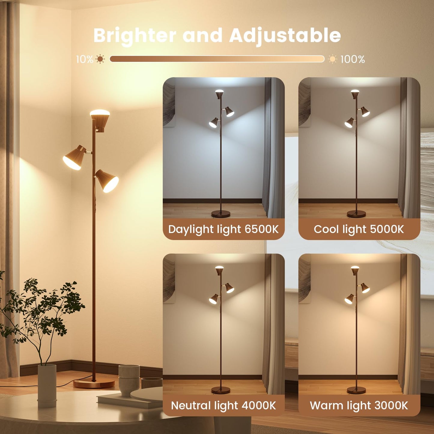 SIBRILLE 36W LED Tree Floor Lamp, Dimmable with Remote & Touch Control, 4 Color Temperatures, Brown, Model H107812