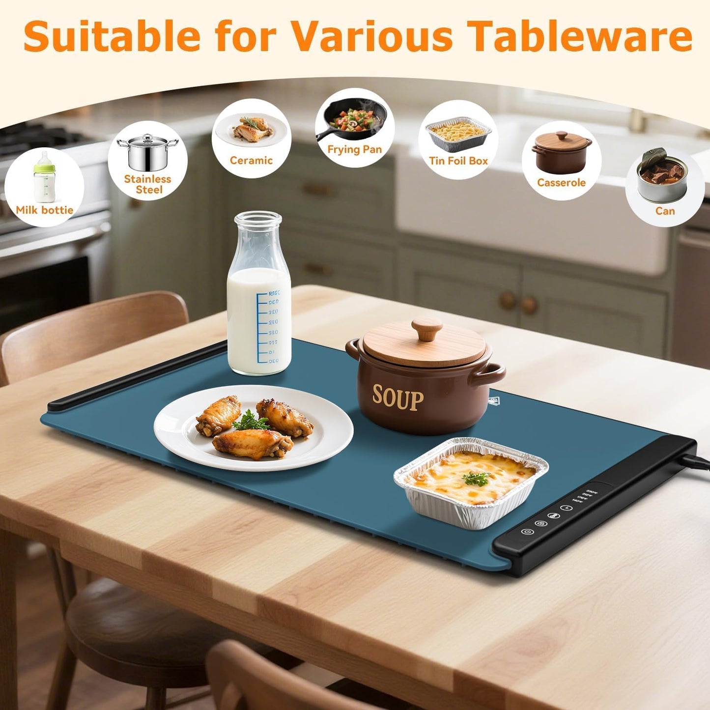 MealHelper Warming Mat for Food, Portable Food Warming Mat for Countertop, Full Surface Electric Warming Tray with Safety Lock, 4 Temp Levels & 6-Hour Timer for Thanksgiving, Xmas Parties Use (Teal)