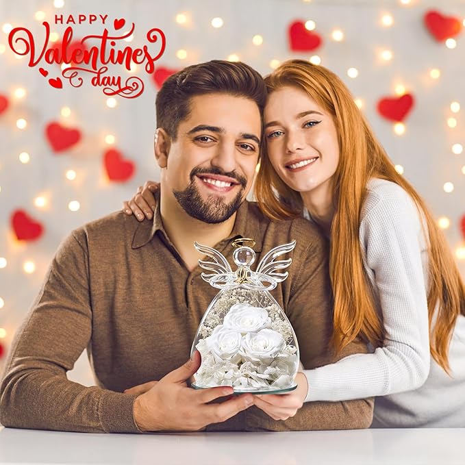 Beferr Valentines Day Rose Gifts for Her Women Mom Gifts for Birthday, Fresh Flowers for Delivery Forever Preserved Rose in Glass Angel Figurine, for Grandma Wife Daughter Girlfriend