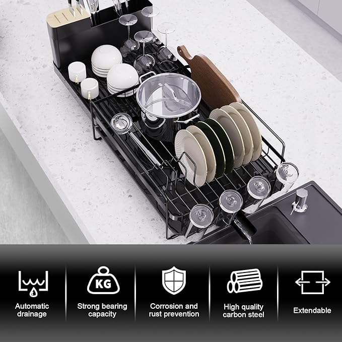 Runnatal Large Dish Drying Rack with Drainboard Set, Dish Rack, Extendable Dish Rack, Utensil Holder, Cup Holder, Expandable Dish Drainer for Kitchen Counter, 21.6"-30.3" L x 12.6" W