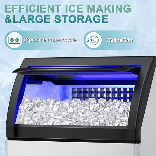 Commercial Ice Maker 260Lbs/24H, Ice Machine 72pcs Ice Cubes, Undercounter Ice Maker Machine with Water Line and Filter, 35 Lbs Storage Ice Bin, Stainless Steel Ice Maker for Home,Shop,Bar