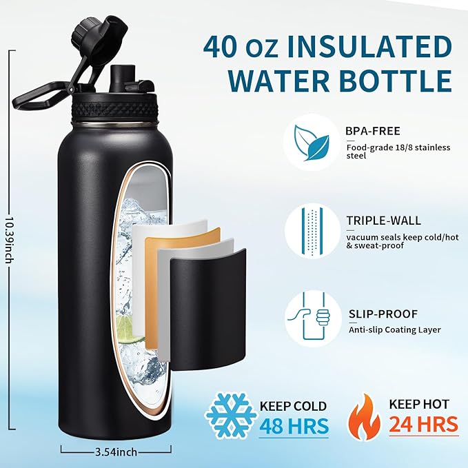Water Bottle with Straw - 40 oz Stainless Steel Water Bottles, Big Water Jug Vacuum Insulated Waterbottle with Paracord Handle, Straw / Auto Spout Lid, Strap Sleeve, Metal Reusable Water Bottle Black