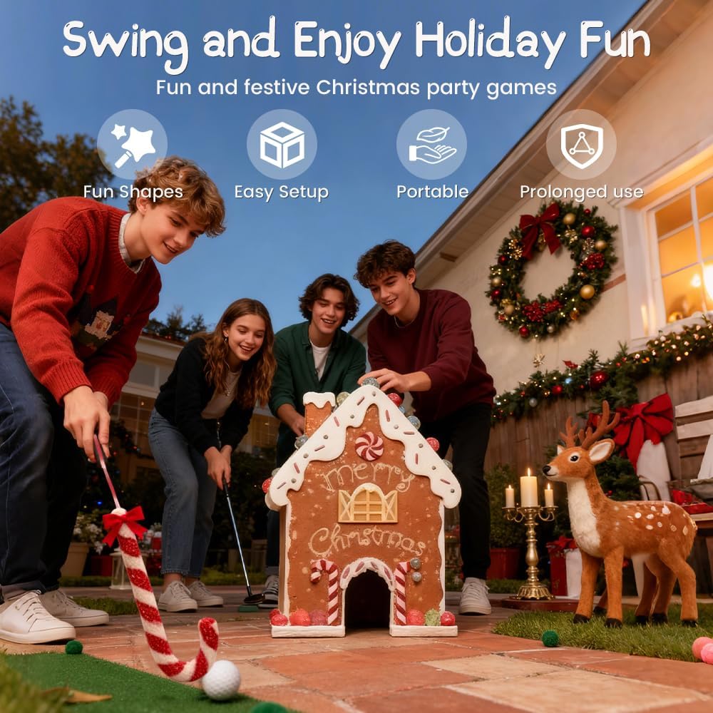 Gingerbread Golf Game Set, Christmas Mini-Golf Course,Portable Mini Golf Course Set,Christmas Indoor Golf Toy with Candy Cane Clubs and Gingerbread House Target (1PC Ball)