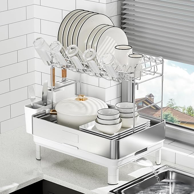 Large Dish Drying Rack, 304 Stainless Steel Dish Racks for Kitchen Counter, Automatic Drainage Spout, Rustproof Kitchen Dish Drainers with Drainboard, Utensil Holder & Glass Holder, White