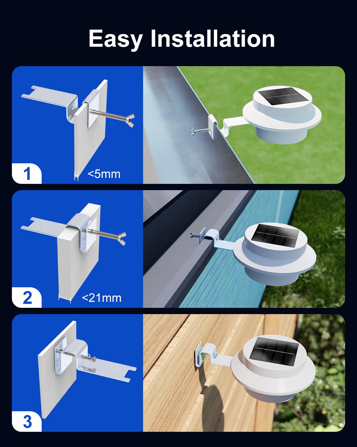 FALOVE Solar Powered Gutter Lights - 4 Pack, Waterproof LED Fence Lamp, Warm White, Model FA0415W-4, Easy Installation