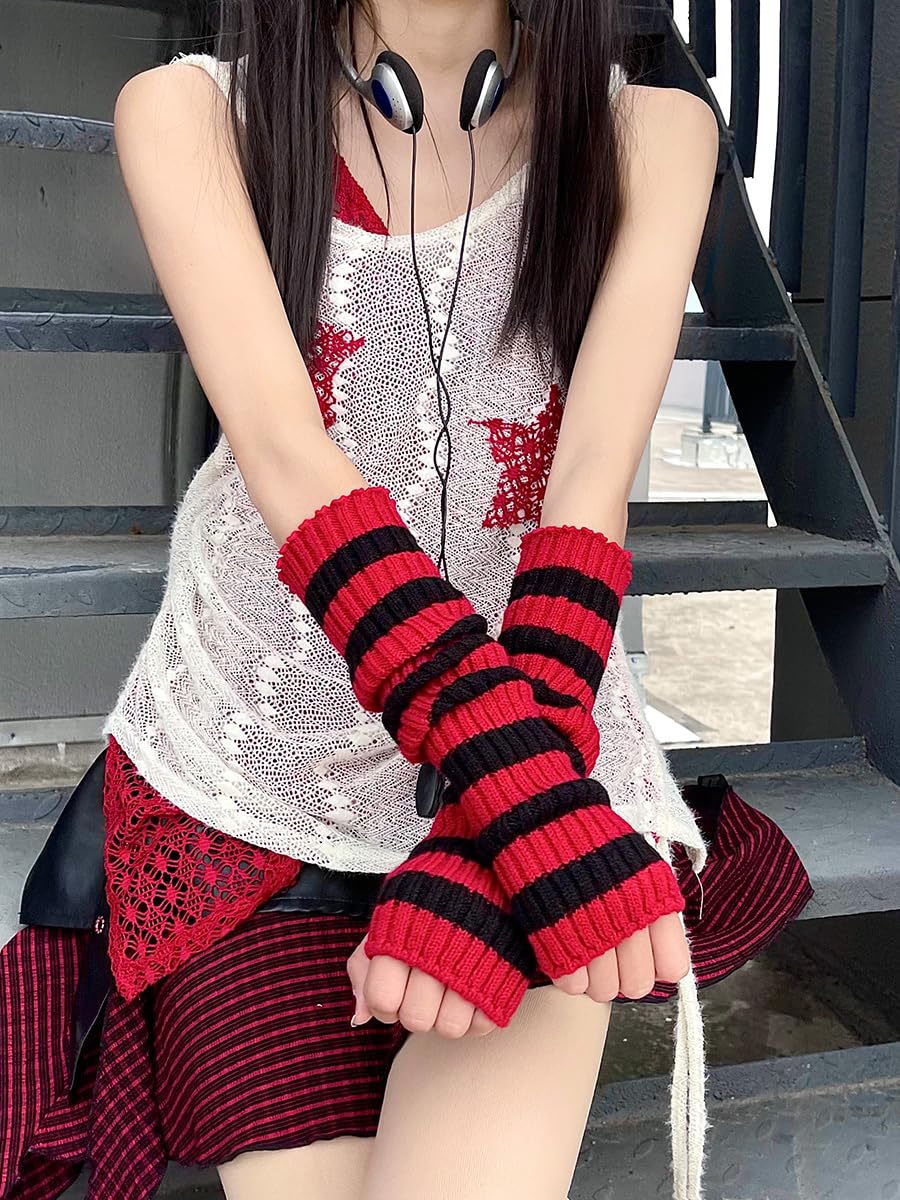 Y2k Striped Arm Warmers Long Fingerless Knitted Gloves Punk Gothic Alt Emo Scene Cool Winter Arm Sleeves Grunge Accessories (Gray,One Size)