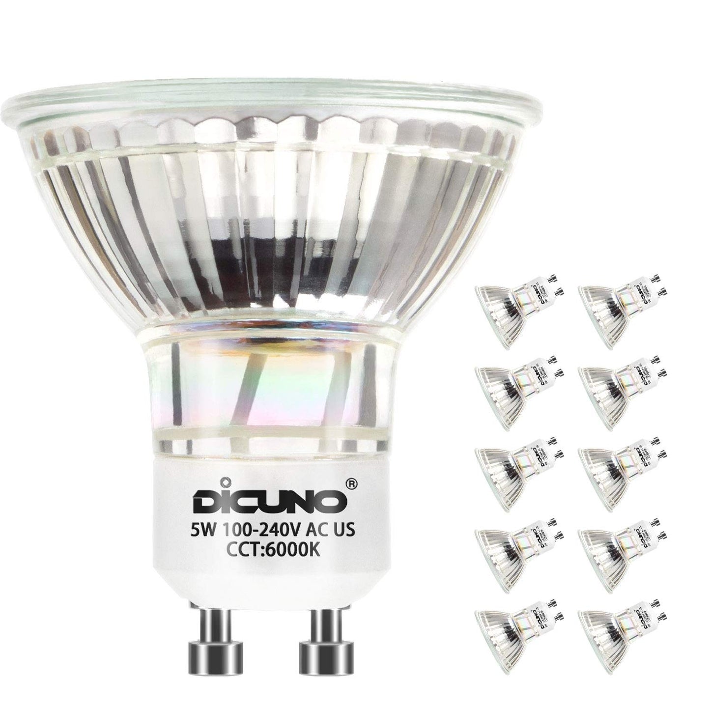 Dicuno Gu10 Led Bulbs 5W Daylight White 6000K, 500Lm, 120° Beam Angle, 10-Pack