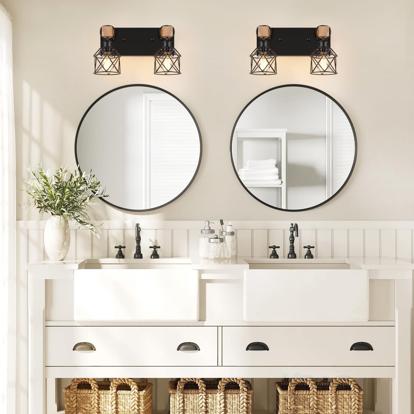 Fadimikoo 2-Light Farmhouse Bathroom Vanity Light Fixtures  Wood Bathroom Lighting Over Mirror  Black Rustic Sconces Wall Lighting With Metal Lampshade For Living Room  Bedroom  Hallway