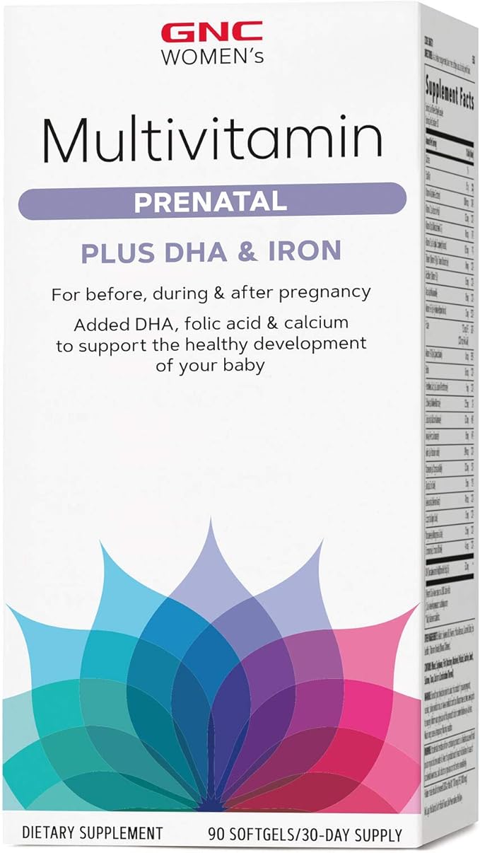 GNC Women's Prenatal Multivitamin Formula with DHA & Iron | Support Pregnancy and Healthy Baby Development | Essential Nutrients Folic Acid, Zinc, Calcium Plus B Vitamins | 90 Softgels