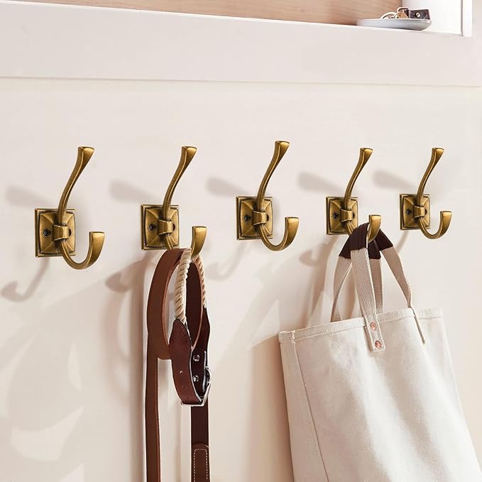 Large Wall Hooks 5 Pack Antique Brass Coat Hooks Hardware Towel Hooks for Hanging Coats 4.35 Inch Double Robe Hooks Wall Mounted with Screws for Key, Towel, Bags, Cup, Hat