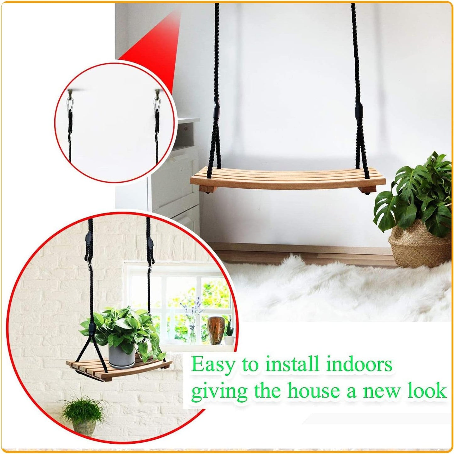 Taeku Adult Tree Swing, Hanging Beech Wood Swings with Adjustable Rope Garden Chair Seat Swing for Indoor Outdoor (24''x10'')