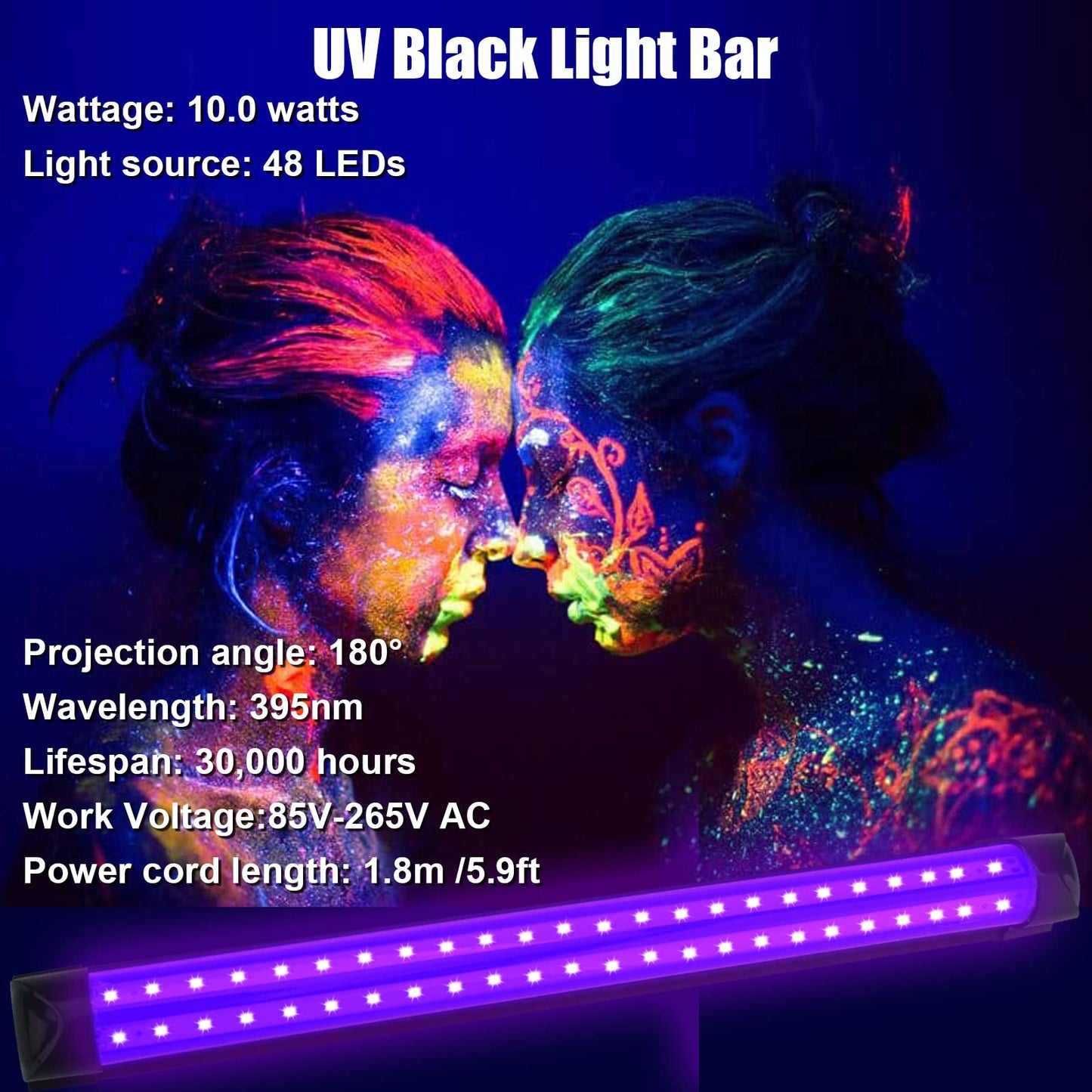 BOSITE 10W UV Black Light Bars, 4 Pack, 48 LED, 1Ft, Linkable, Purple, Polycarbonate