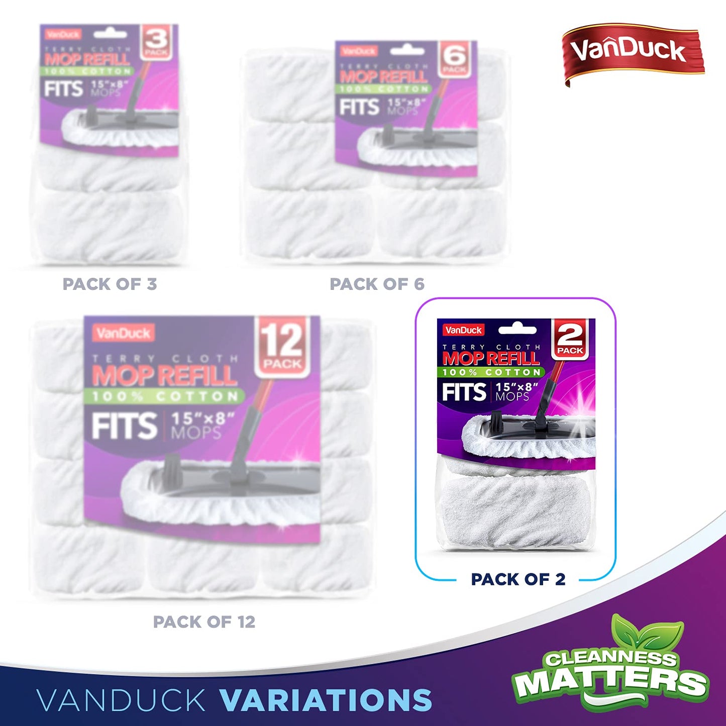 VanDuck 100% Cotton Pad Terry Cloth Mop Refills 15x8 inches, 2 Pack (Mop is Not Included)