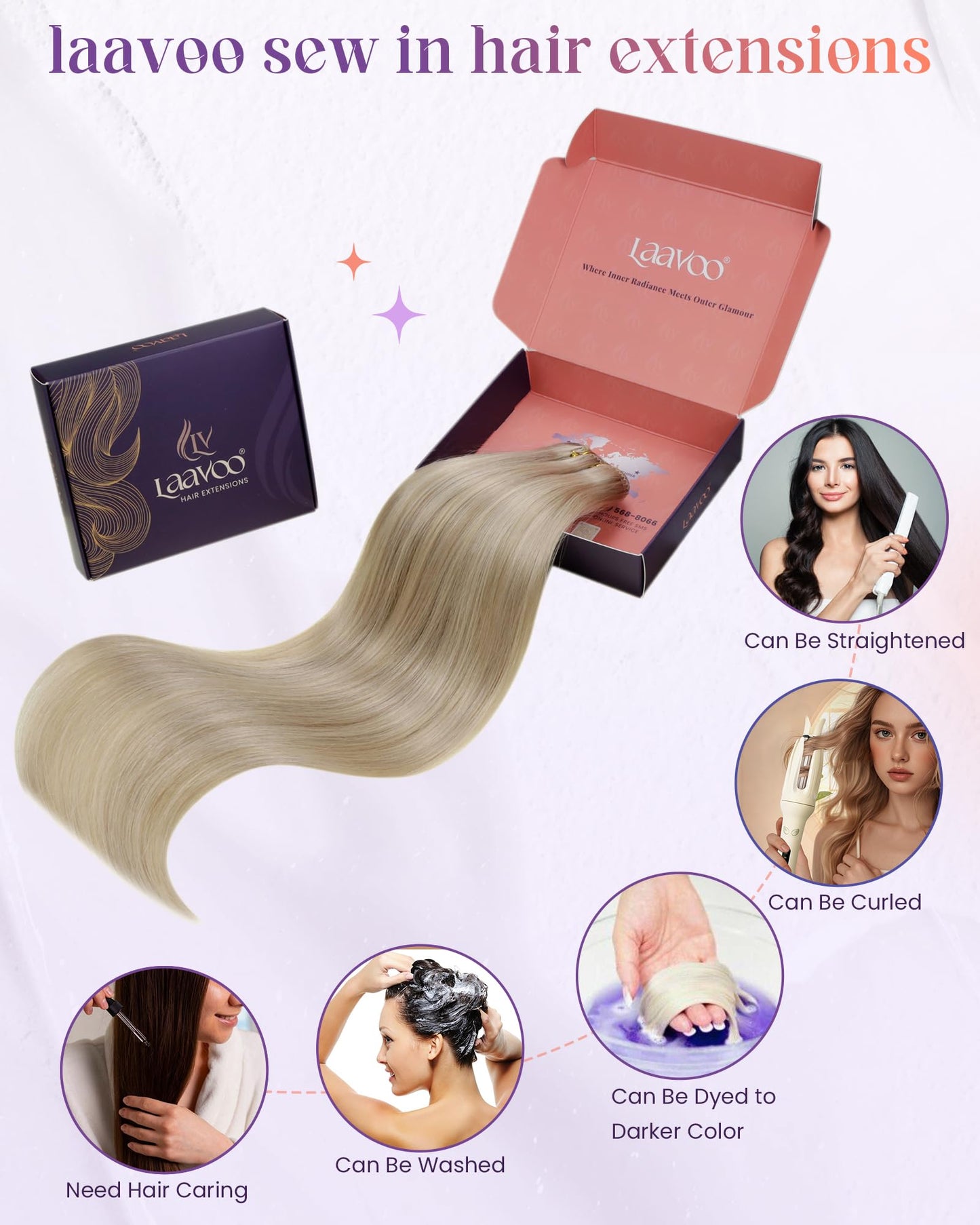 LaaVoo Weft Hair Extensions Human Hair Long Sew in Hair Extensions 22 Inch Human Hair Weft Extensions Long Blonde Highlight 100g