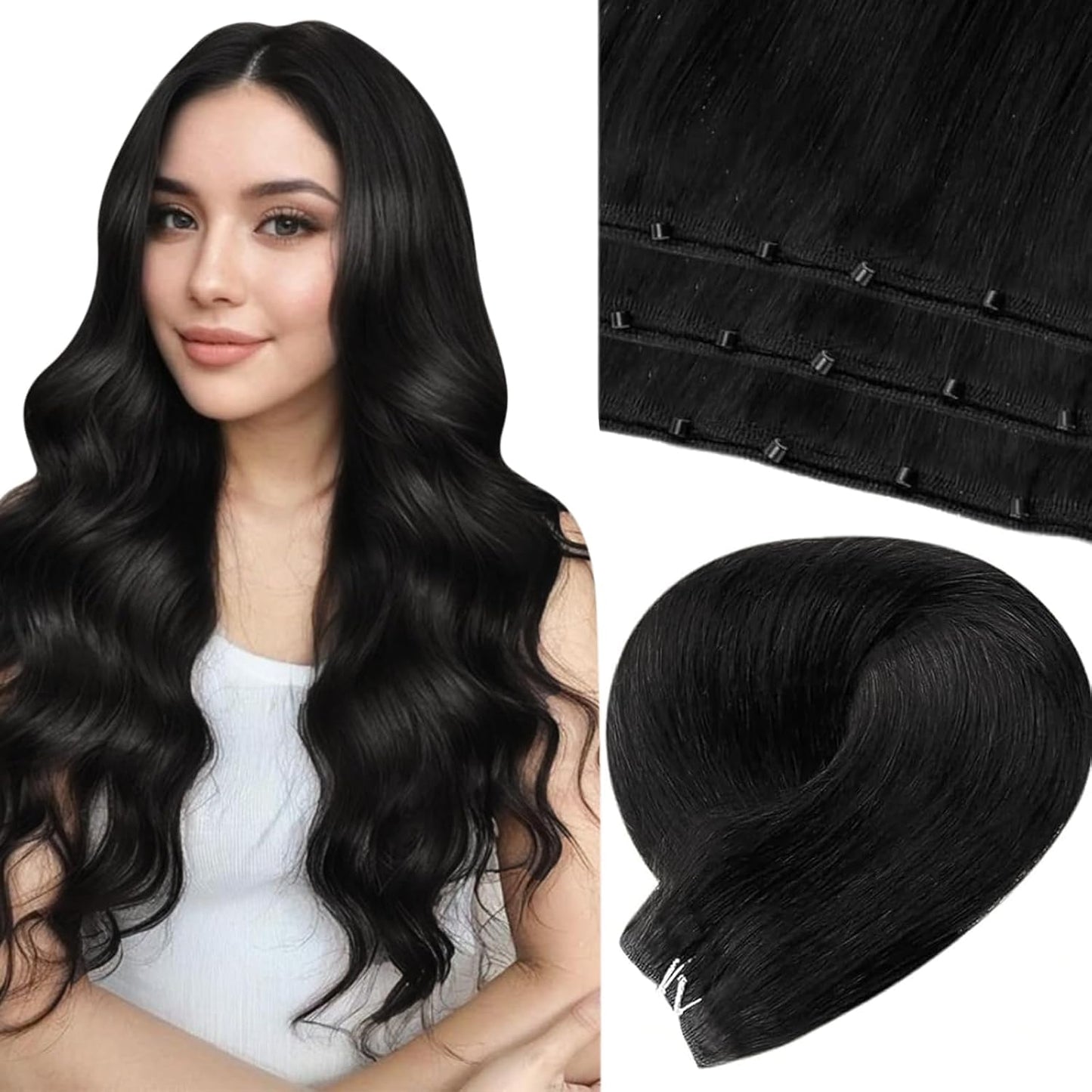 LaaVoo Beaded Weft Hair Extensions Black Weft Extensions Human Hair Bead Hair Extensions Real Human Hair #1 Black 22inch 50g
