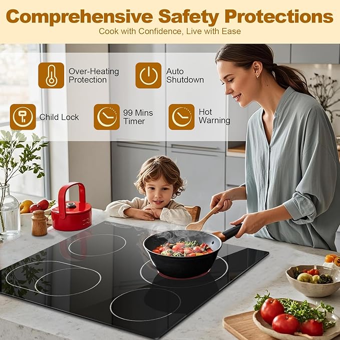Noxton 24 Inch Electric Cooktop, 4 Burner Built-in Radiant Electric Stove Top, Slider Control, 9 Power Levels, Child Safety Lock, Timer, Oval Burner for Baking Pan, 6800W,220-240V, Hard Wired
