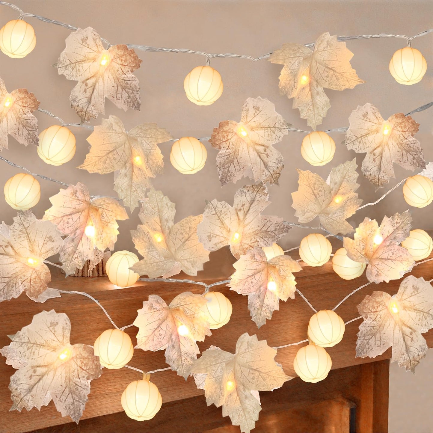 Thanksgiving Decorations-3 Pack 60Led Pumpkin Lights Fall Garland With 3D Pumpkin Enlarged Maples Leaf Battery Operated Pumpkin Thanksgiving Decor Autumn Fall Decor For Home Indoor Outdoor Holiday