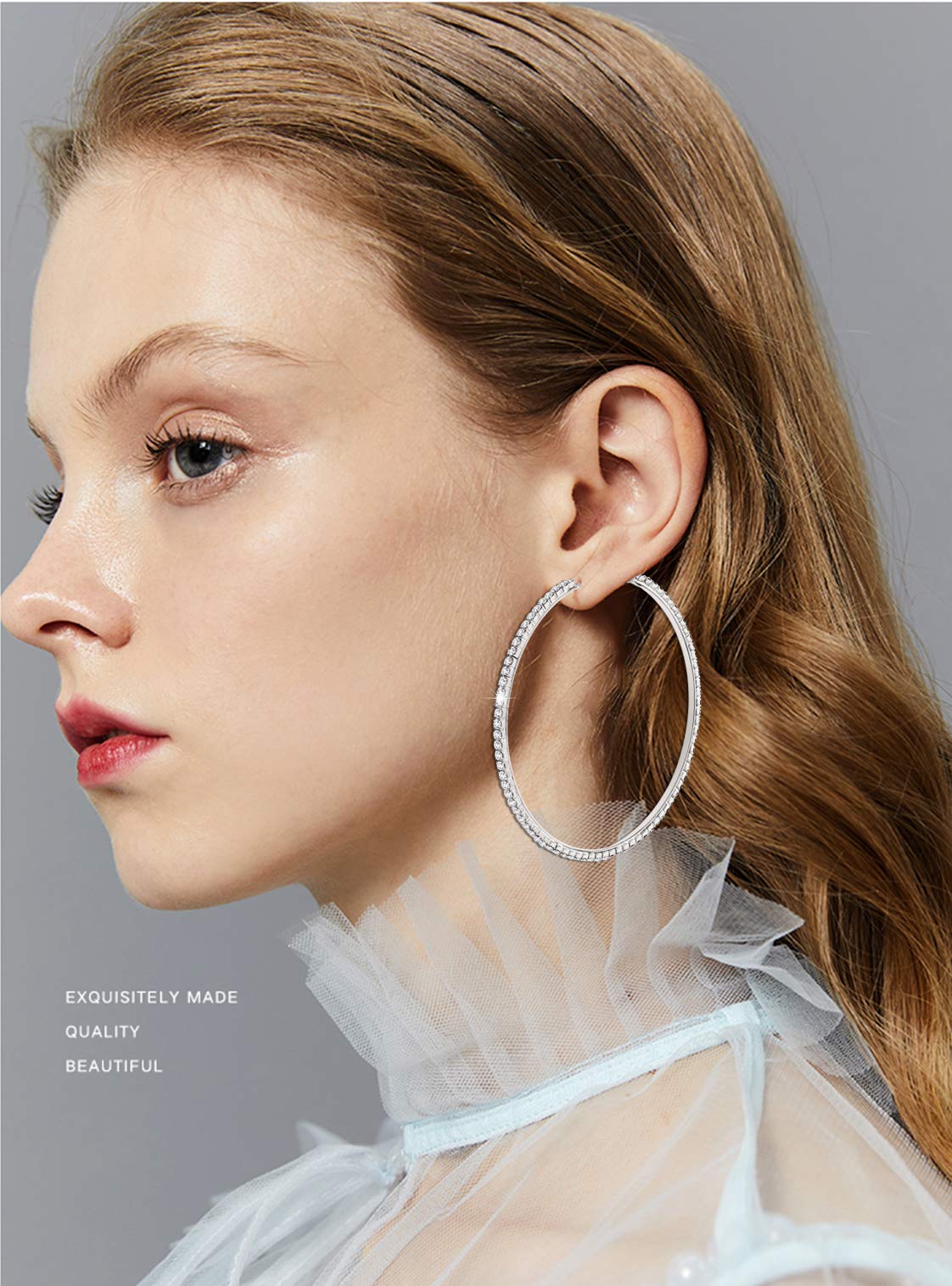 BSJELL Hoop Earrings for Women Silver Large Cubic Zirconia Hoop Earrings Big Circle Stud Earrings Crystal Bridal Wedding Fashion