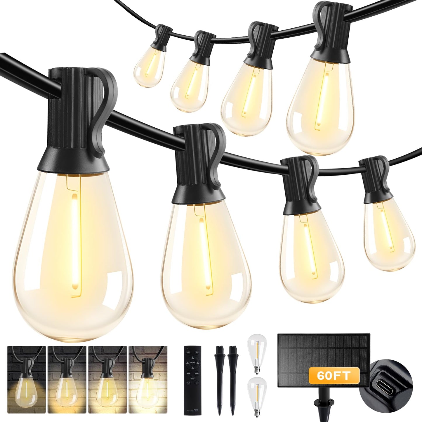 HJQ 60FT Solar String Lights Outdoor, Waterproof Patio Lights Solar-Powered with Remote & USB Charging, 20+1 LED Shatterproof Bu