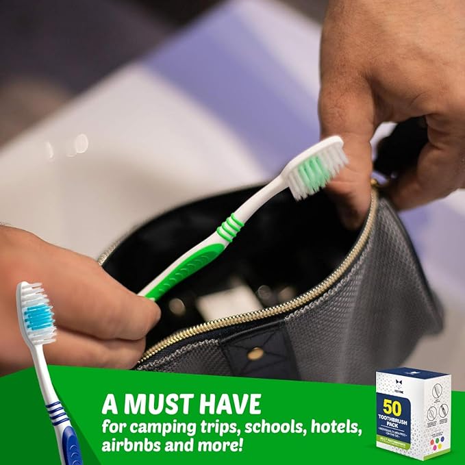 Bulk Toothbrushes 50 Pack | Individually Wrapped Travel Toothbrush Set for Adults & Kids | Made with a Medium-Soft Large Brush Head | BPA-Free & Disposable!