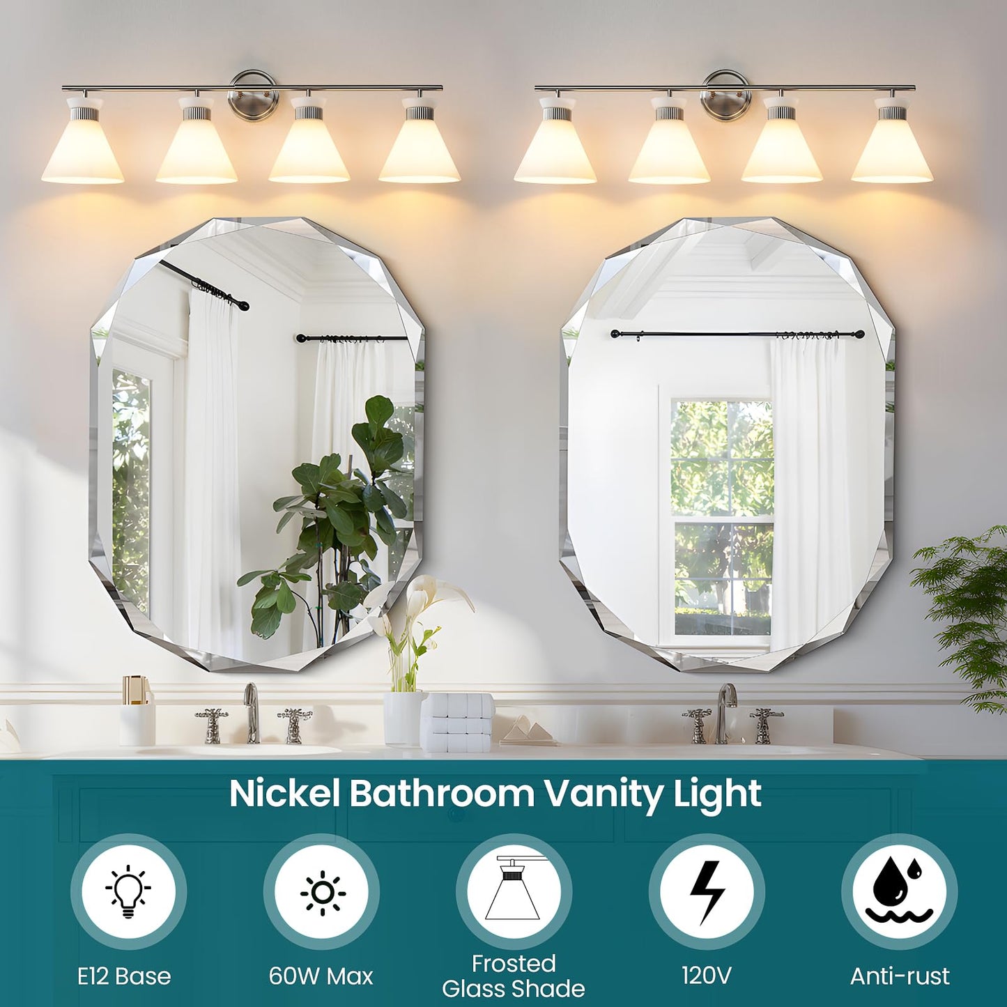 Woshitu Bathroom Light Fixtures: Brushed Nickel 4 Lights Bathroom Vanity Lights Over Mirror With Milky White Frosted Glass Shade  36 Inch Farmhouse Vanity Lighting Sconce (Exclude E26 Bulb)