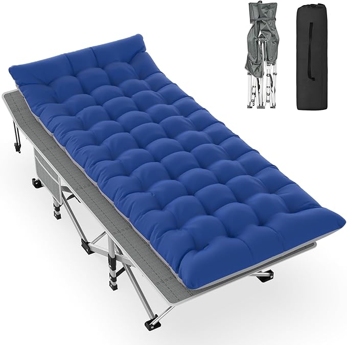 Slendor Folding Camping Cot with Mattress for Adults,74”L x 28”W x 15”H, Portable Sleeping Cot Bed for Tent, Office, Camping, Outdoor, Striated Gray Cot,Gray+Blue Pad,500lbs Load