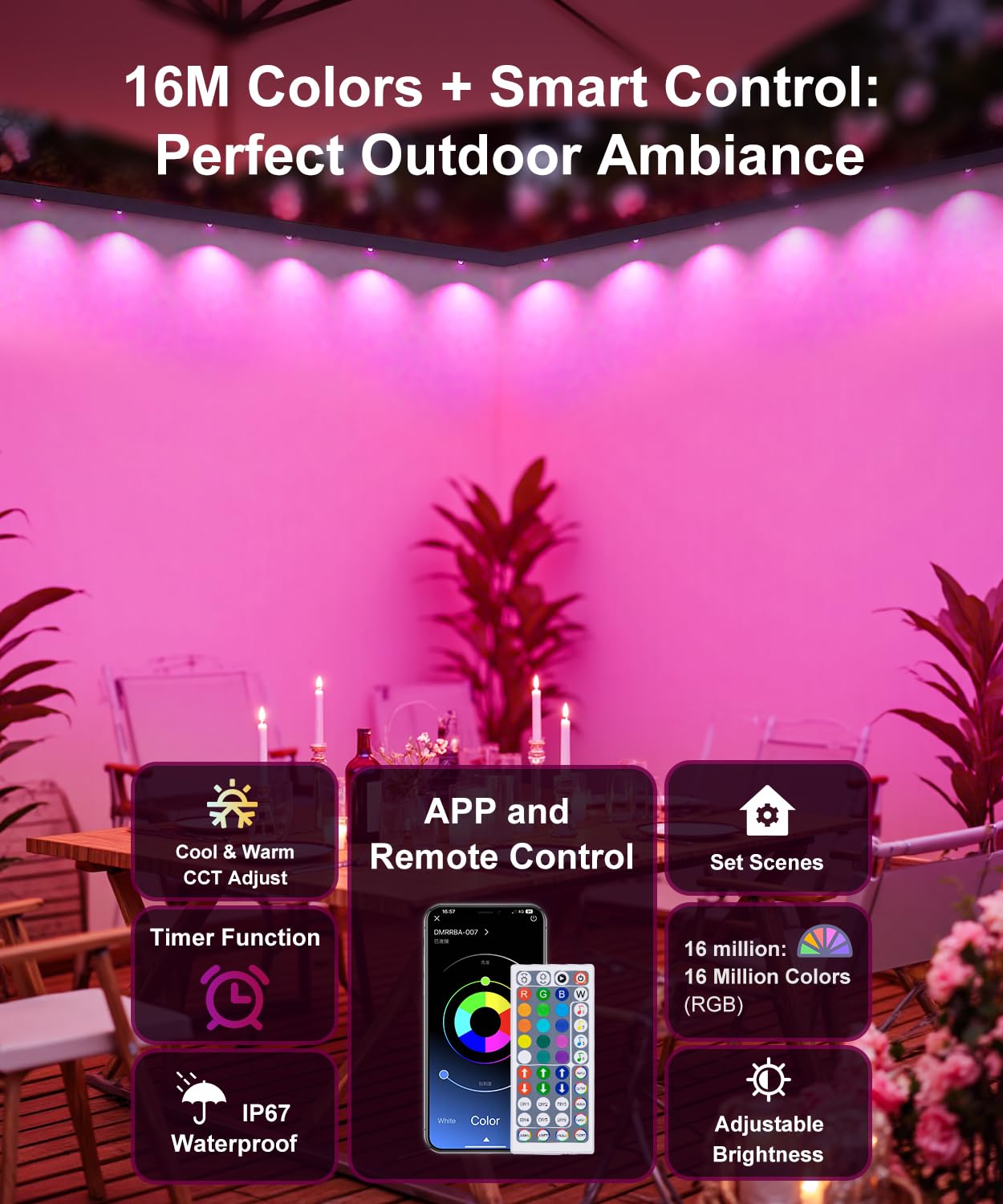 MuliVid Outdoor Lights, Smart RGB 150FT, IP67 Waterproof, Remote APP Control, Multicolor, Model LX20250312-45M