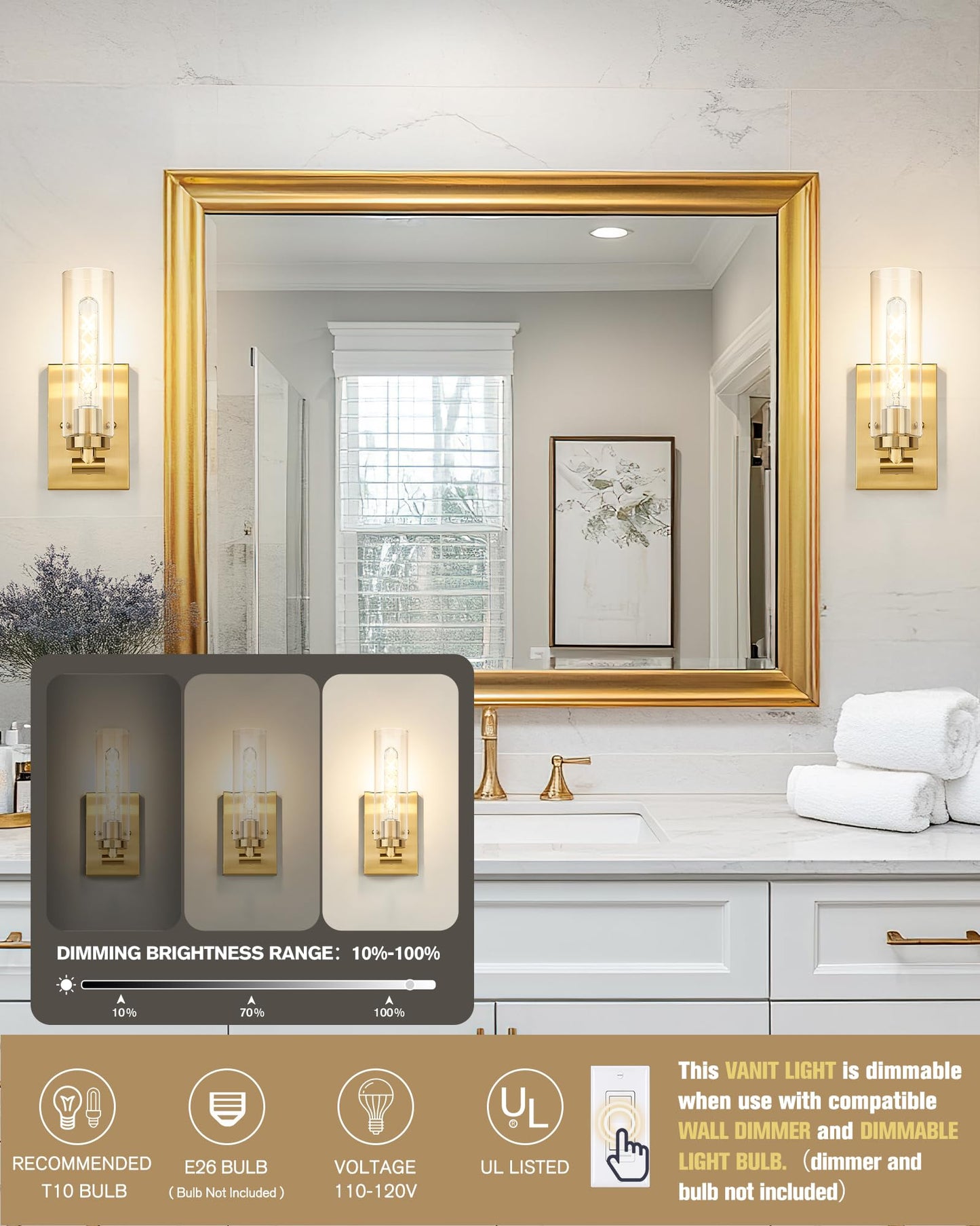 Emak Wall Sconces Set Of Two  Modern Brushed Gold Sconce With Clear Glass Shade  Bathroom Lighting Fixtures For Mirror  Living Room  Bedroom  Gallery  Ws086-Bgd-Cg-2Pk