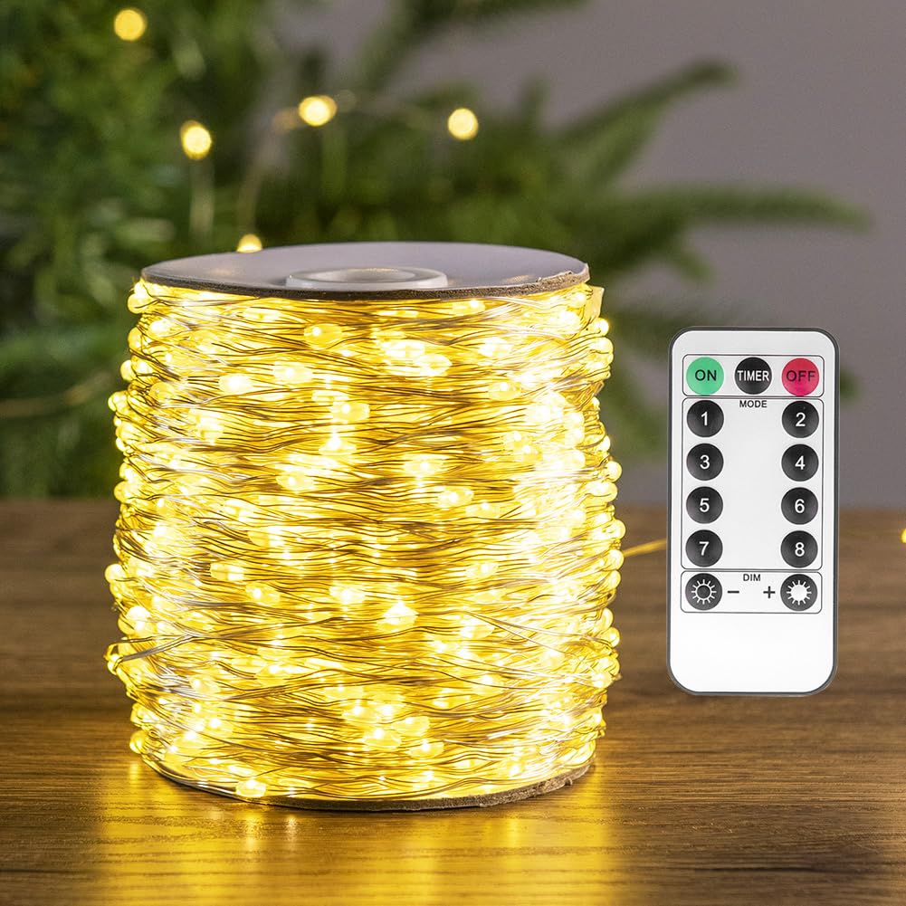 Pcores Plug In Fairy Lights 100 Feet 300 Led Warm White Silver Wire Remote Control Indoor Outdoor String Lights For Bedroom Living Room Patio Porch Garden Christmas Tree