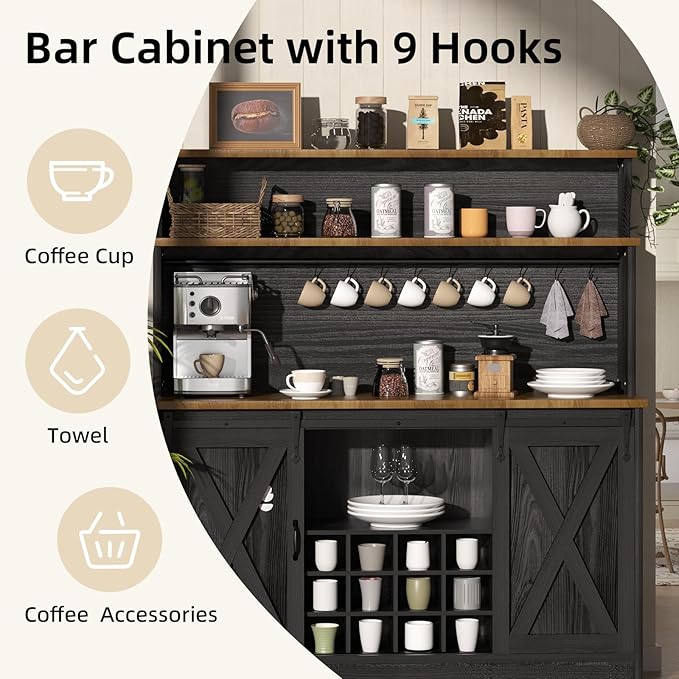 55'' Farmhouse Coffee Bar Cabinet with 3 Tier Storage Hutch, Coffee Bar Station with Sliding Barn Door, Hutch Storage Cabinet with 12 Wine Racks & 9 Hooks for Kitchen Dining Living Room