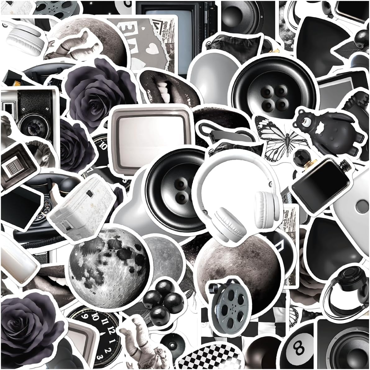 Black and White Aesthetic Retro Camera Moon Roses Vinyl Stickers Pack 50pcs for Laptop Skateboard Water Bottle Phone Case Decoration Kids Teens Adults Car Bike