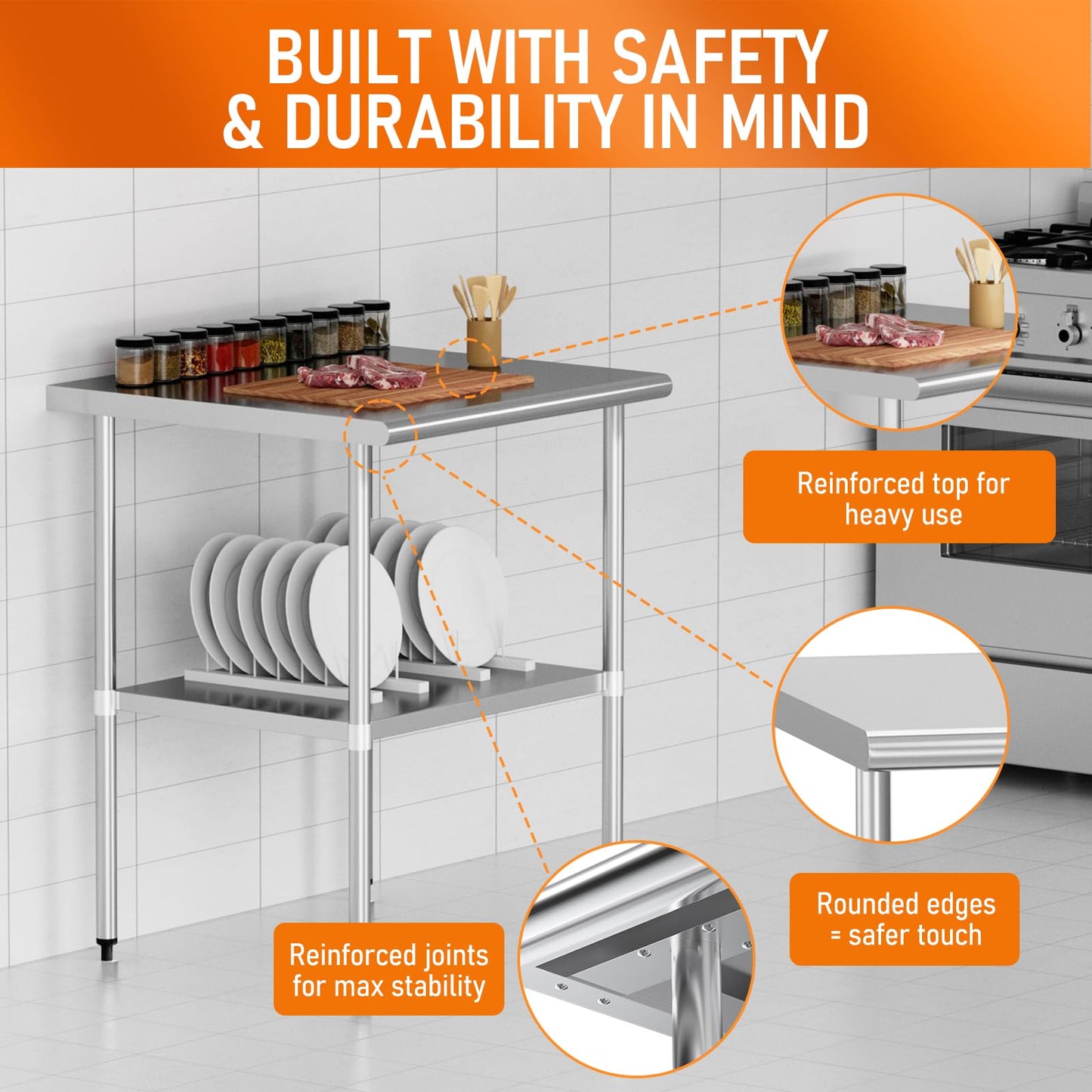 HOCCOT Stainless Steel Table for Prep & Work 30" X 30" inches with Adjustable Undershelf, Commercial Workstations, Utility Table in Kitchen Garage Outdoor BBQ