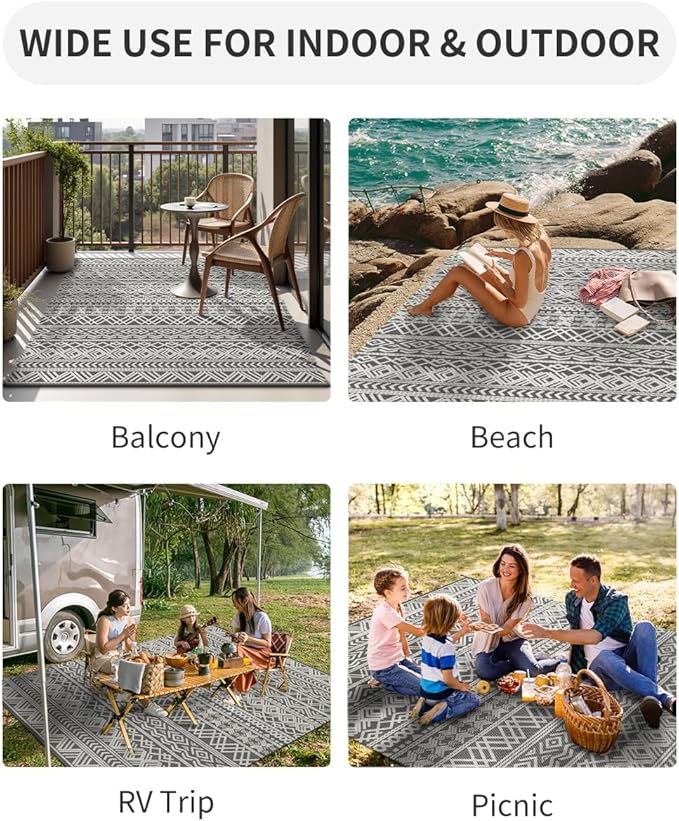 MontVoo-Outdoor Rug Waterproof 6x9 ft Outdoor Carpet Patio Rug Mat Reversible RV Camping Rug-Plastic Straw Rug Outside Outdoor Area Rug for Patio Deck Balcony Backyard Picnic Beach -Boho Grey