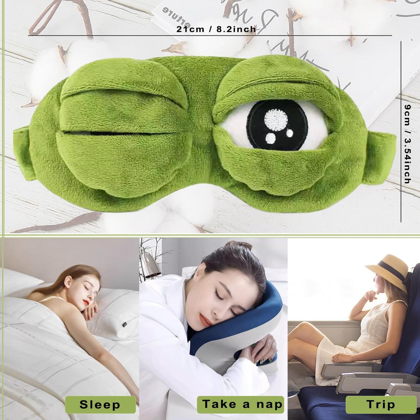 2Pcs Sleep Eye Mask for Women Kids, Shinywear Eye Mask for Sleeping, Cute Sad Frog Blindfold Plush Funny Eye Shade Cover for Travel Yoga Nap Block Out Light - Soft Cotton Inside for Sensive Skin