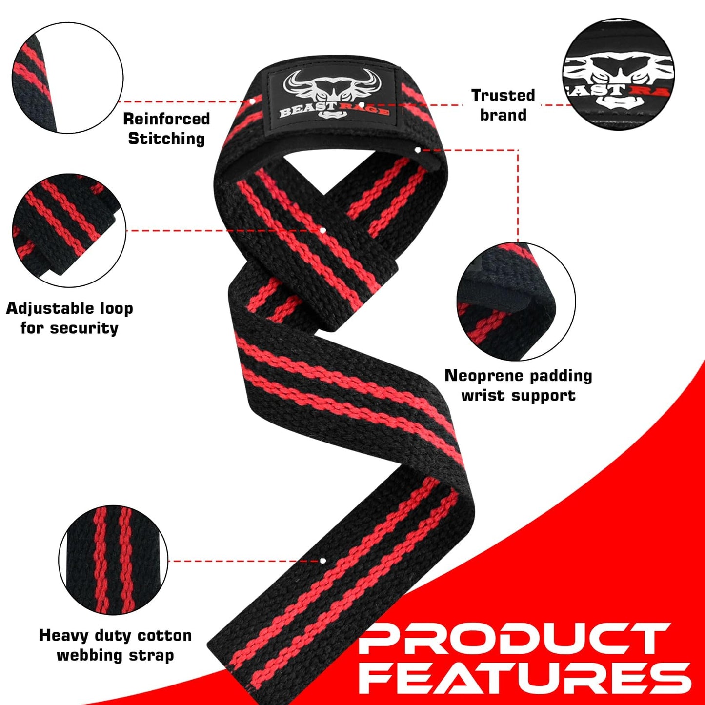 BEAST RAGE Lifting Wrist Straps for Weightlifting, Straps Gym Grip Power Workouts Lifting Straps Padded Cotton Men Women Wrap Lift, Deadlift Bodybuilding Weight Lifting Exercise Straps (Black/Red)