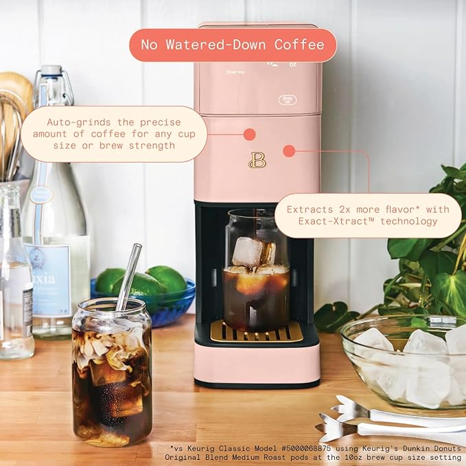 Beautiful Perfect Grind Programmable Single Serve Coffee Maker with Touch-activated Display, Programmable and Integrated Burr Grinder, 64oz Water Reservoir (Rose)